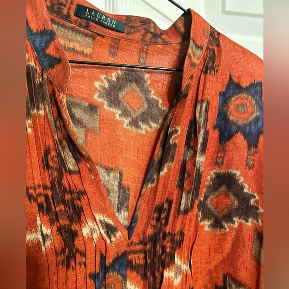 Ralph Lauren Womens Rust Southwest Popover Pleated Blouse L/s Ck Measurements - Picture 2 of 10